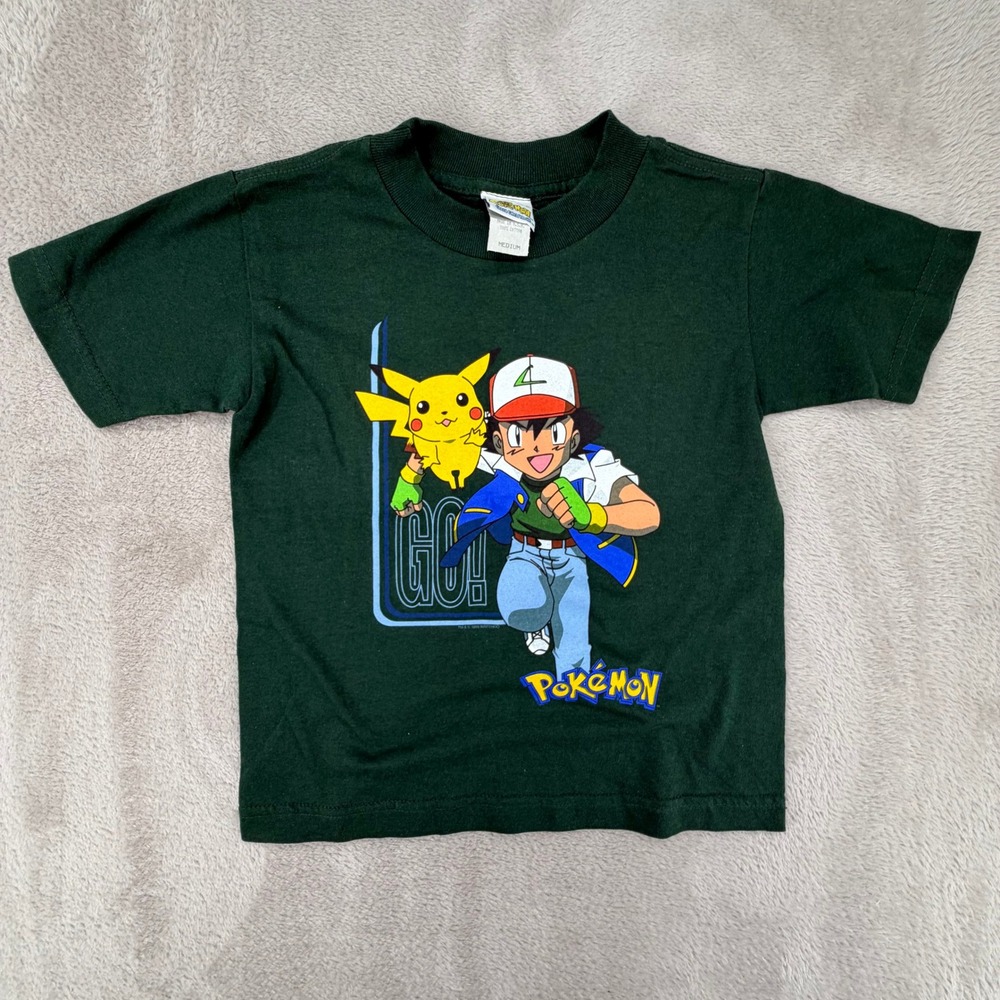 NWT Vintage Pokemon Boys Ash Ketchum Pikachu‎ Graphic Tee Medium Green